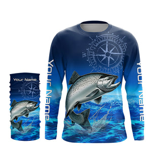 Personalized Chinook salmon Blue Long Sleeve Performance Fishing Shirts, compass tournament Shirts NQS5986