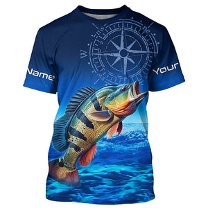 Personalized Peacock Bass Blue Long Sleeve Performance Fishing Shirts, compass Bass tournament Shirts NQS5987