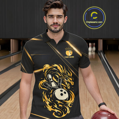 Black and Gold Flame Dragon Bowling Polo, Quarter Zip Shirt for Men Custom Bowling Team League Jersey NQS10904