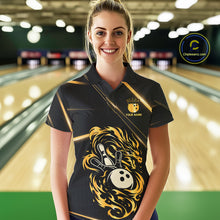 Load image into Gallery viewer, Black and Gold Flame Dragon Bowling Polo, 1/4 Zip Shirt for Women Custom Bowling Team League Jersey NQS10904