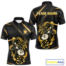 Load image into Gallery viewer, Black and Gold Flame Dragon Bowling Polo, Quarter Zip Shirt for Men Custom Bowling Team League Jersey NQS10904