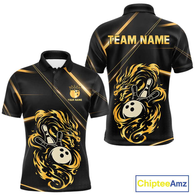 Black and Gold Flame Dragon Bowling Polo, Quarter Zip Shirt for Men Custom Bowling Team League Jersey NQS10904