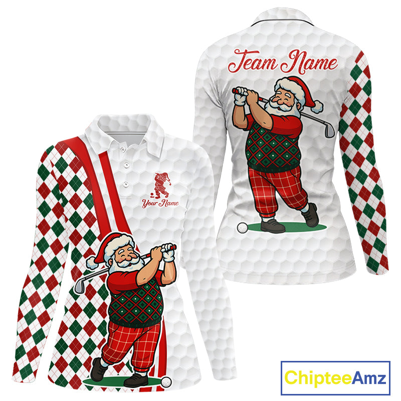 Funny Christmas Santa Golf polo shirt for Women custom red, green and white argyle pattern golf shirt NQS11089
