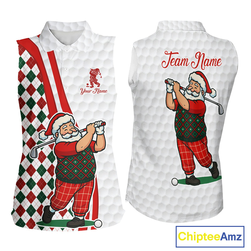 Funny Christmas Santa Sleeveless Golf polo shirt custom red, green & white argyle pattern golf shirt NQS11089