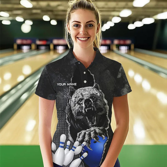 Black Bear grunge pattern Custom Women Bowling Polo, 1/4 Zip Shirt Bowling Team Jerseys Outfits | Blue NQS9407