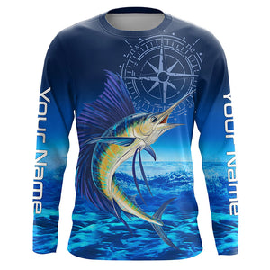 Personalized Sailfish Saltwater Blue Long Sleeve Performance Fishing Shirts, Sailfish tournament Shirt NQS5784
