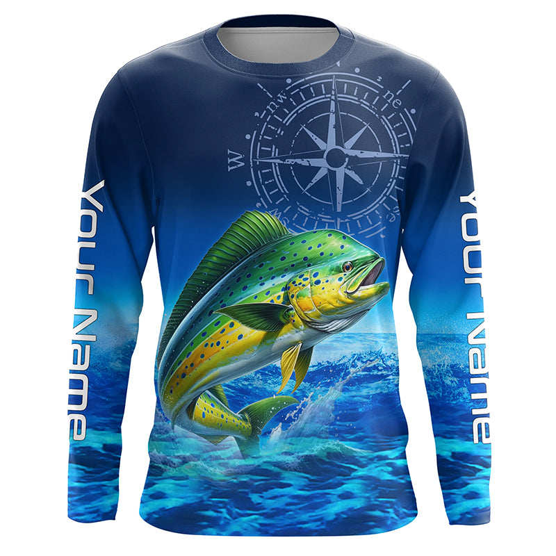 Personalized Mahi mahi Saltwater Blue Long Sleeve Performance Fishing Shirts, Dorado tournament Shirt NQS5785