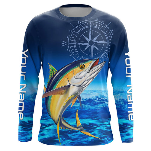 Personalized Tuna Saltwater Blue Long Sleeve Performance Fishing Shirts, Tuna compass tournament Shirt NQS5786