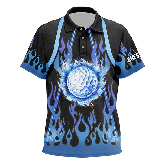Kid golf polo shirts custom black and blue flame golf ball golf outfits for Kid NQS7867