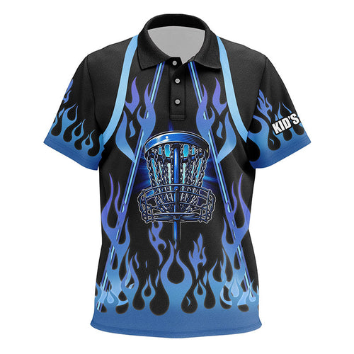 Kid disc golf polo shirts blue flame disc golf basket custom disc golf jerseys NQS7868