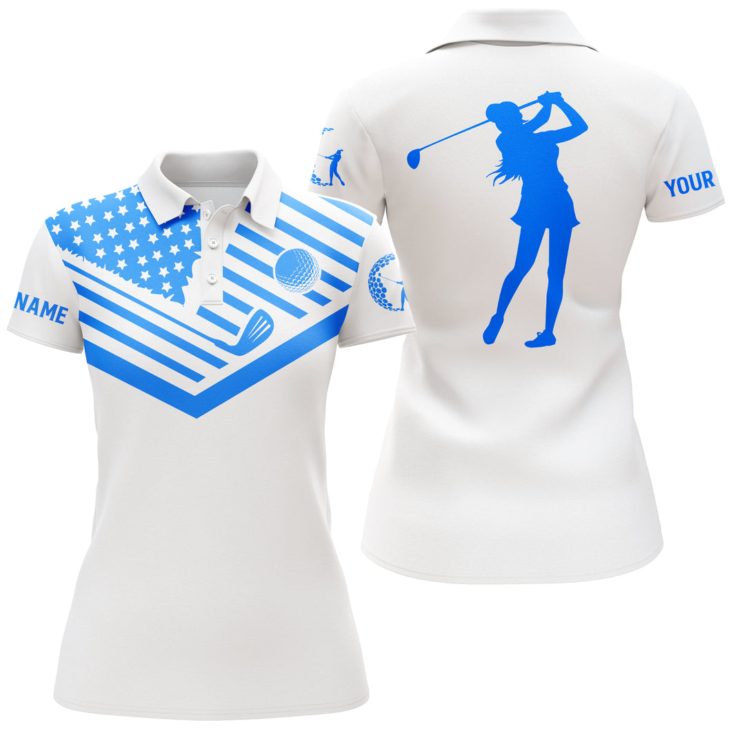 Womens golf polo shirt blue American flag custom name white golf shirt NQS3633