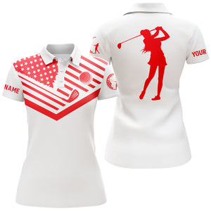 Womens golf polo shirt red American flag custom name white golf shirt NQS3634
