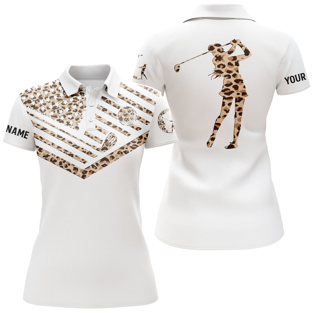 Womens golf polo shirt leopard pattern American flag custom name white golf shirt NQS3635