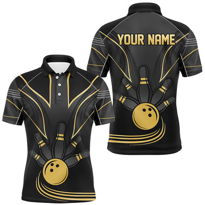 Personalized Men Bowling Polo, Quarter Zip Shirt Black and Gold Men Bowlers Custom Team Bowling Jersey NQS8313