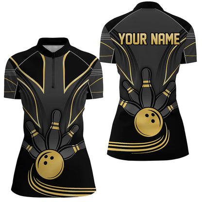 Personalized Women Bowling Polo, Quarter Zip Shirt Black Gold Women Bowlers Custom Team Bowling Jersey NQS8313