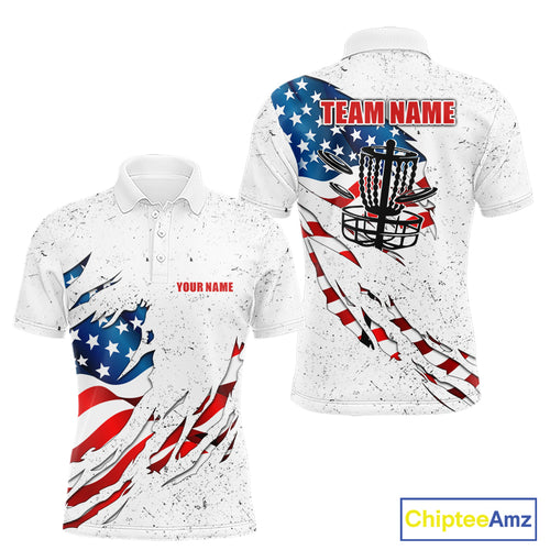 White Grunge American Flag Disc golf polo shirts For Men Custom patriotic Team disc golf outfits NQS10915