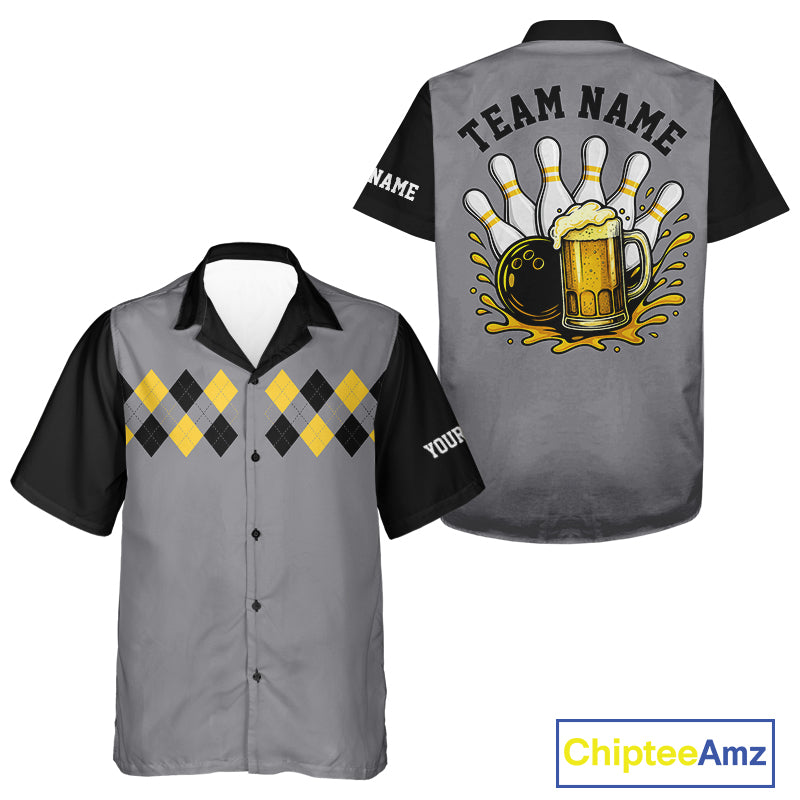 Black & Yellow argyle pattern retro Bowling Hawaiian Shirt Custom Bowling and Beer Team Jersey | Gray NQS11095