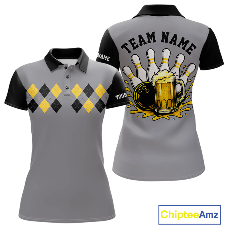 Black & Yellow argyle pattern retro Women Bowling Shirts Custom Bowling and Beer Team Jersey | Gray NQS11095