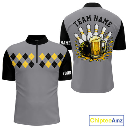 Black & Yellow argyle pattern retro Bowling Shirts For Men Custom Bowling and Beer Team Jersey | Gray NQS11095