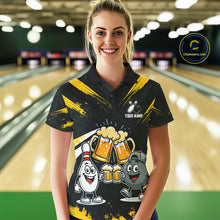 Load image into Gallery viewer, Custom Black And Yellow Funny Beer Bowling Women Polo, Quarter Zip Shirts, funny bowling shirts NQS11098