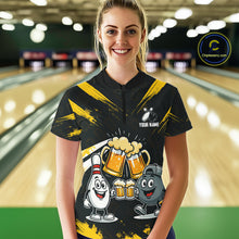 Load image into Gallery viewer, Custom Black And Yellow Funny Beer Bowling Women Polo, Quarter Zip Shirts, funny bowling shirts NQS11098