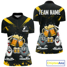 Load image into Gallery viewer, Custom Black And Yellow Funny Beer Bowling Women Polo, Quarter Zip Shirts, funny bowling shirts NQS11098