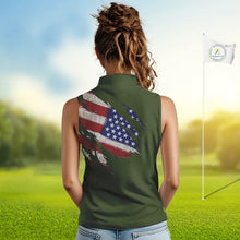 Load image into Gallery viewer, American Flag Green camo Women Sleeveless polo shirt Custom patriotic golf attire for ladies NQS11289