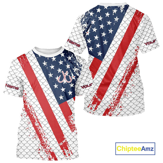 Red, white & blue American Flag Fishing scales pattern Custom patriotic Performance Fishing Shirts NQS11290