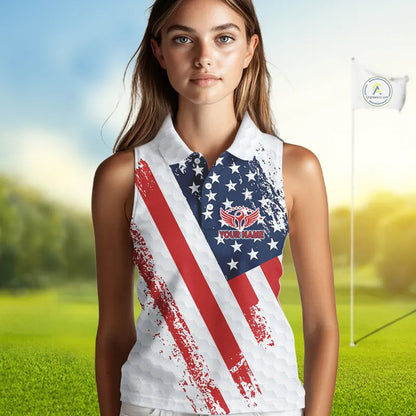 Red, white & blue American Flag Womens Sleeveless polo shirts Custom patriotic golf outfit for ladies NQS11291