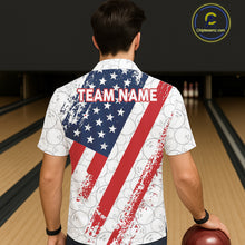 Load image into Gallery viewer, Red, white &amp; blue American Flag Bowling Hawaiian Shirt Custom patriotic Bowling Team Button up shirt NQS11292