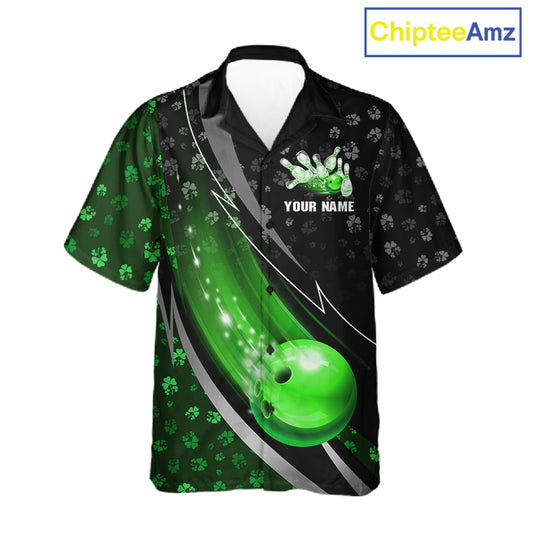 Black & Green Shamrock pattern Hawaiian Bowling Shirts Custom St Patrick Team Bowling button up shirt NQS11513