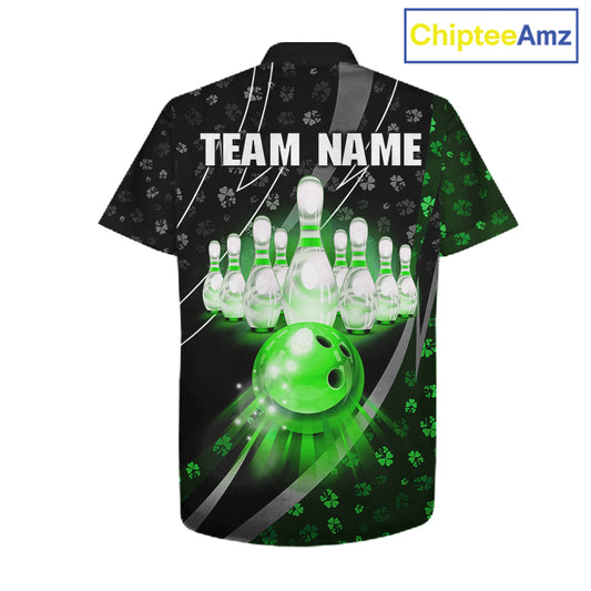 Black & Green Shamrock pattern Hawaiian Bowling Shirts Custom St Patrick Team Bowling button up shirt NQS11513