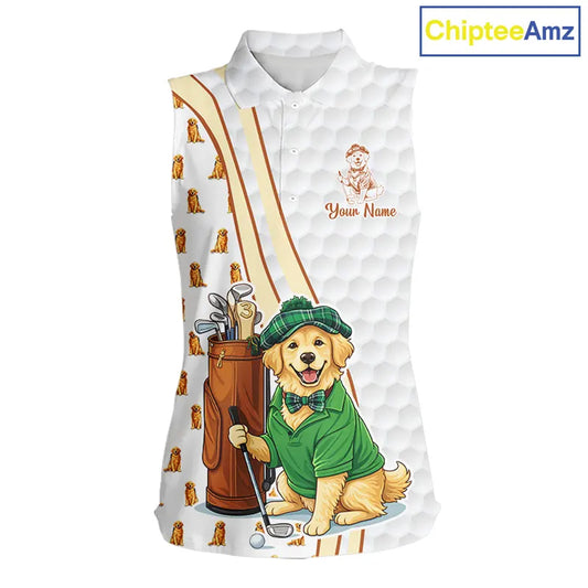 Funny Women sleeveless polo shirts custom Golden retriever golf pattern white ladies golf shirts NQS11519