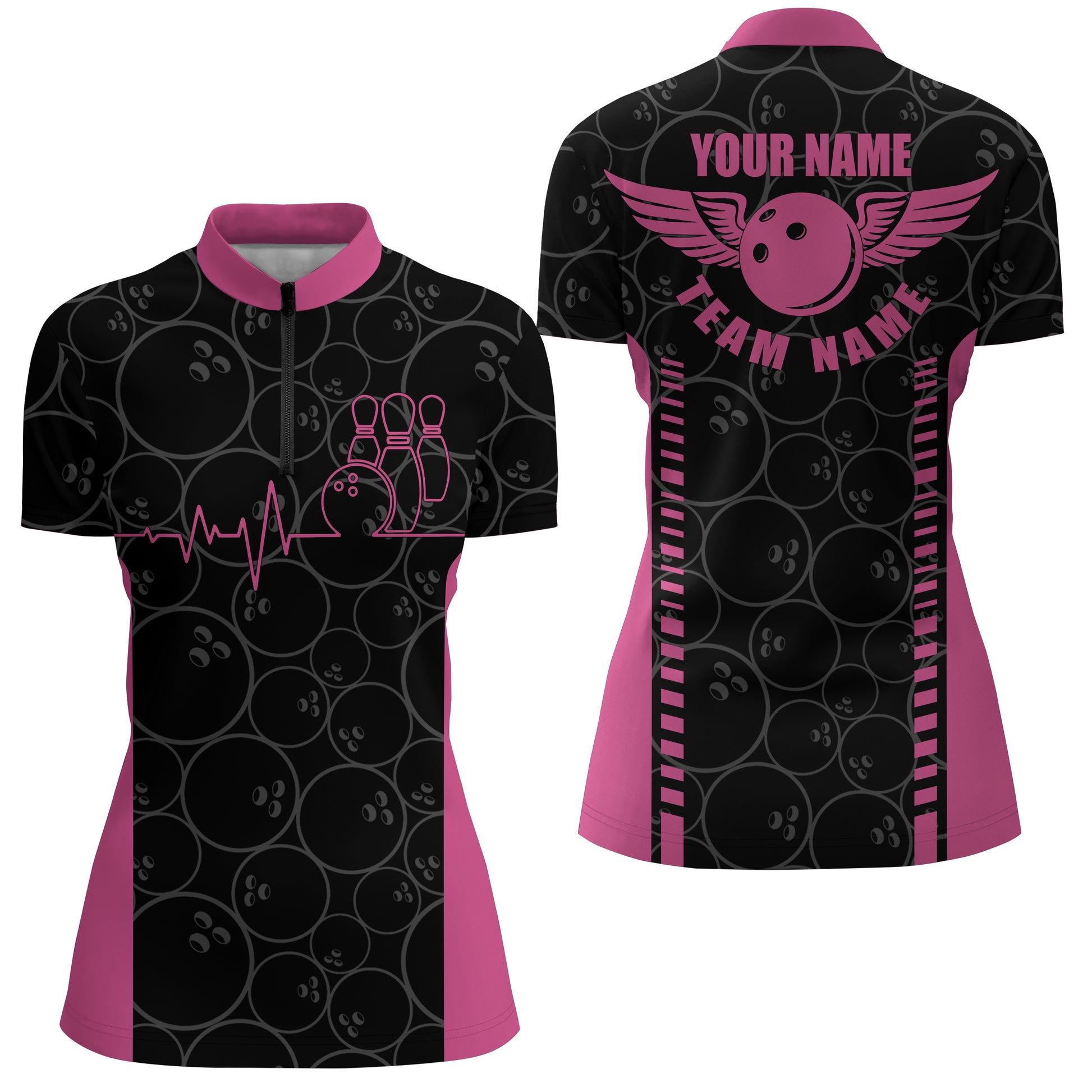 Custom Pink bowling shirt for women – personalized team jersey front view