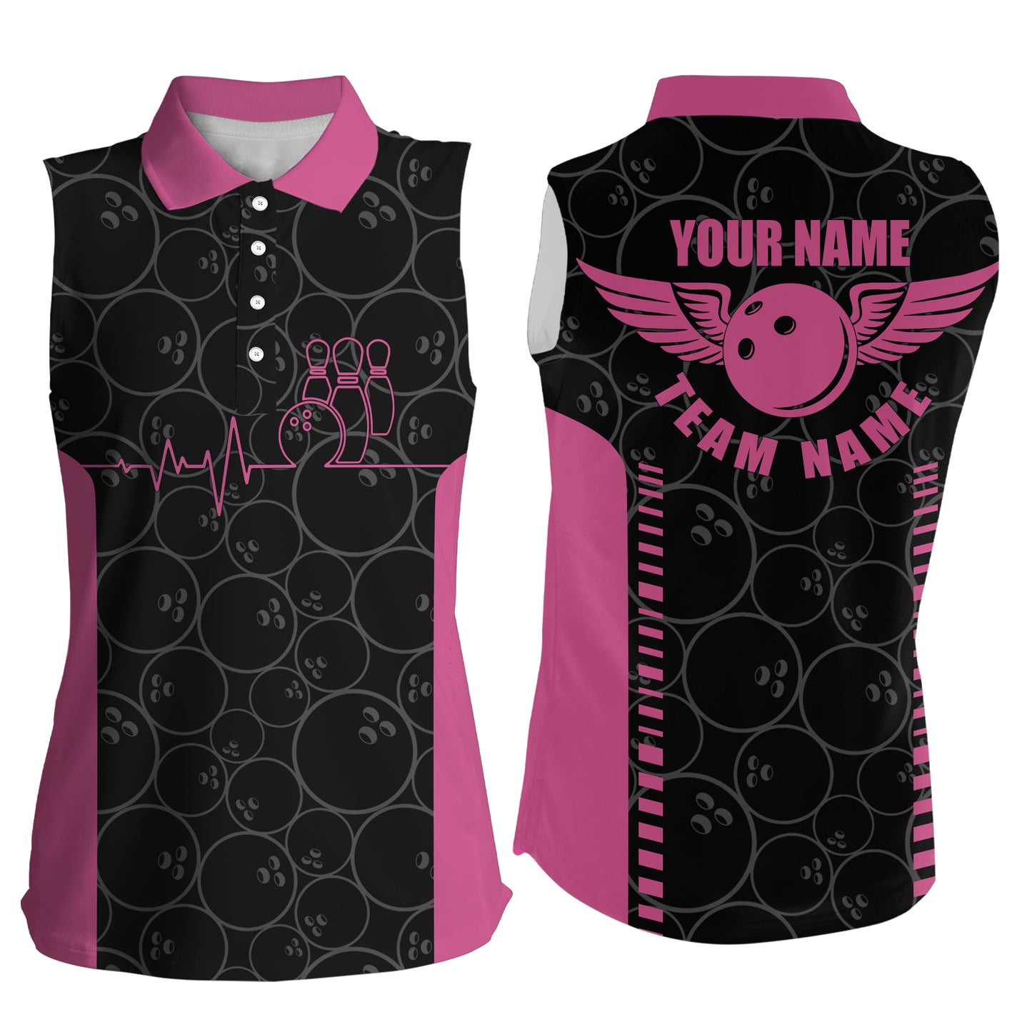 Custom Pink sleeveless bowling shirt for women – personalized team jersey front view