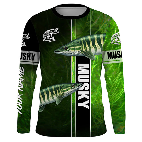 Musky Fishing Muskellunge green Customize Name Long Sleeve Fishing Shirts, fishing gifts NQS1992