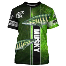 Load image into Gallery viewer, Musky Fishing Muskellunge green Customize Name Long Sleeve Fishing Shirts, fishing gifts NQS1992