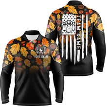 Load image into Gallery viewer, Mens bowling shirt Custom Autumn leaf camo Thanksgiving American flag patriotic bowling team jerseys NQS8755