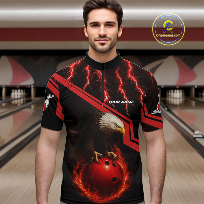 Black and Red Flame Lightning Thunder Eagle Bowling Shirts for Men Custom Bowling Team League Outfit NQS10917