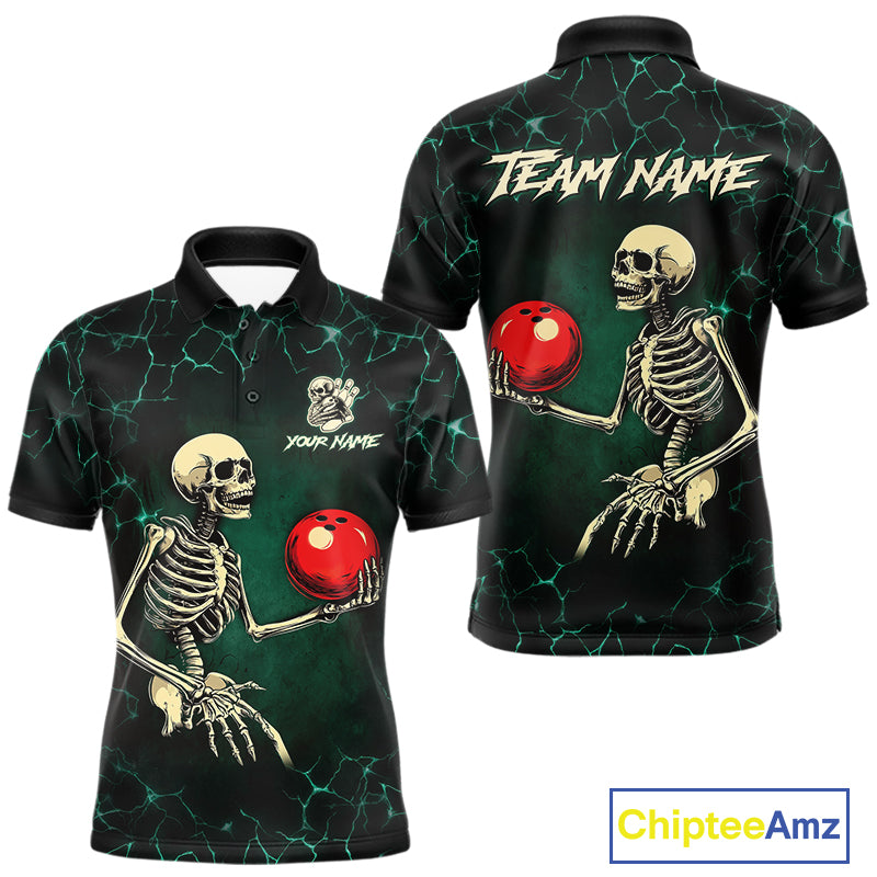 Black and Green Lightning Skull Bowling Polo, Quarter zip shirts For Men Custom Bowling Team Outfit NQS10921