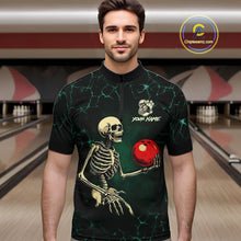 Load image into Gallery viewer, Black and Green Lightning Skull Bowling Polo, Quarter zip shirts For Men Custom Bowling Team Outfit NQS10921