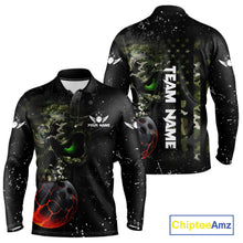 Load image into Gallery viewer, Black and Green Camo grunge American Flag Skull Bowling Shirts for Men Custom Bowling Team jerseys NQS11294