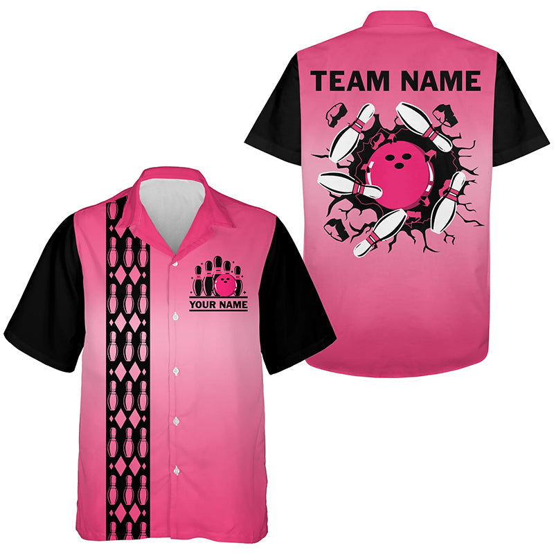 Personalized Black and Pink Retro Bowling hawaiian Team Shirt Custom Bowling button up shirt NQS9422