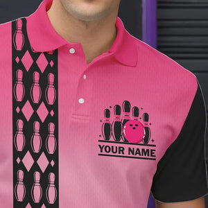 Personalized Black and Pink Retro Bowling Polo, Quarter Zip Team Shirts For Men Custom Bowling Gifts NQS9422