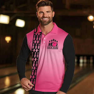 Personalized Black and Pink Retro Bowling Polo, Quarter Zip Team Shirts For Men Custom Bowling Gifts NQS9422