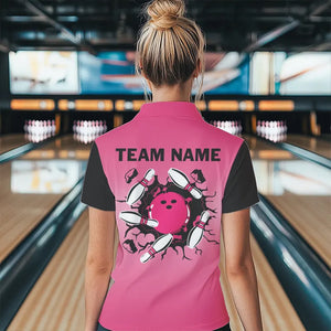 Personalized Black and Pink Retro Bowling Polo, Quarter Zip Team Shirts For Women Custom Bowling Gifts NQS9422