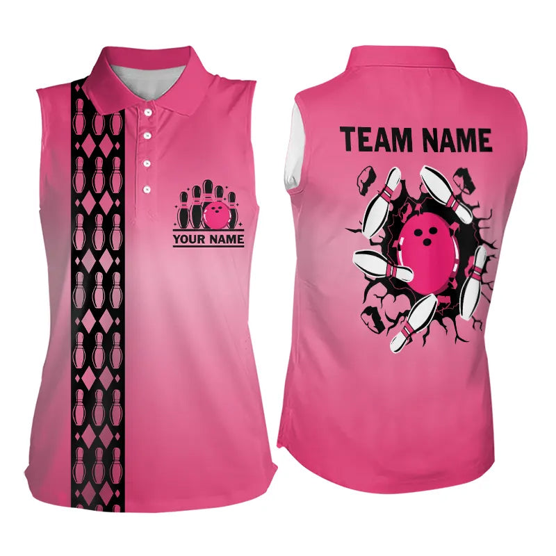 Personalized Black and Pink Retro Bowling Sleeveless Polo Team Shirts For Women Bowling Gifts NQS9422