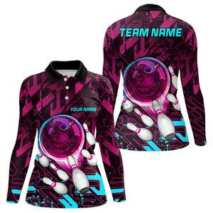 Bowling Polo, Quarter Zip Shirt For Women Custom pink and blue abstract Bowling Team league Jerseys NQS9423