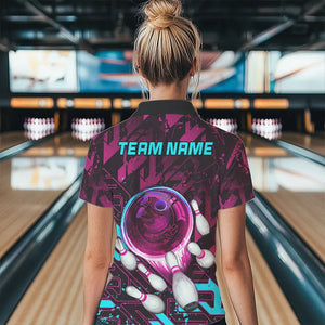 Bowling Polo, Quarter Zip Shirt For Women Custom pink and blue abstract Bowling Team league Jerseys NQS9423