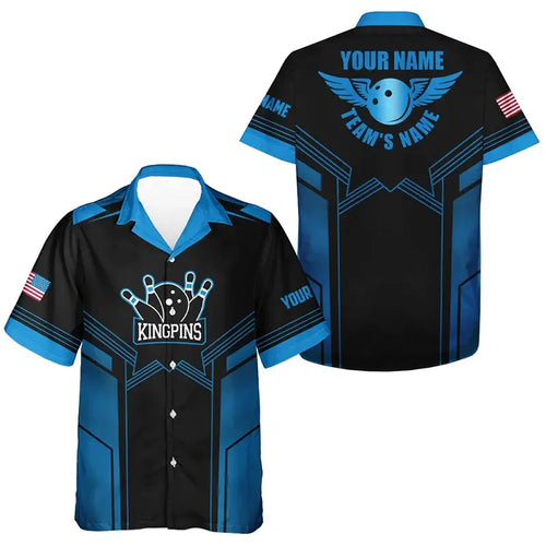 Blue and black Bowling Hawaiian Shirt for men custom name and team name mens bowling team shirts NQS4770